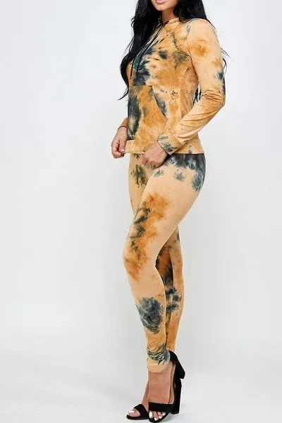 Women Tie Dye Hooded Top with Leggings 2 Pc set