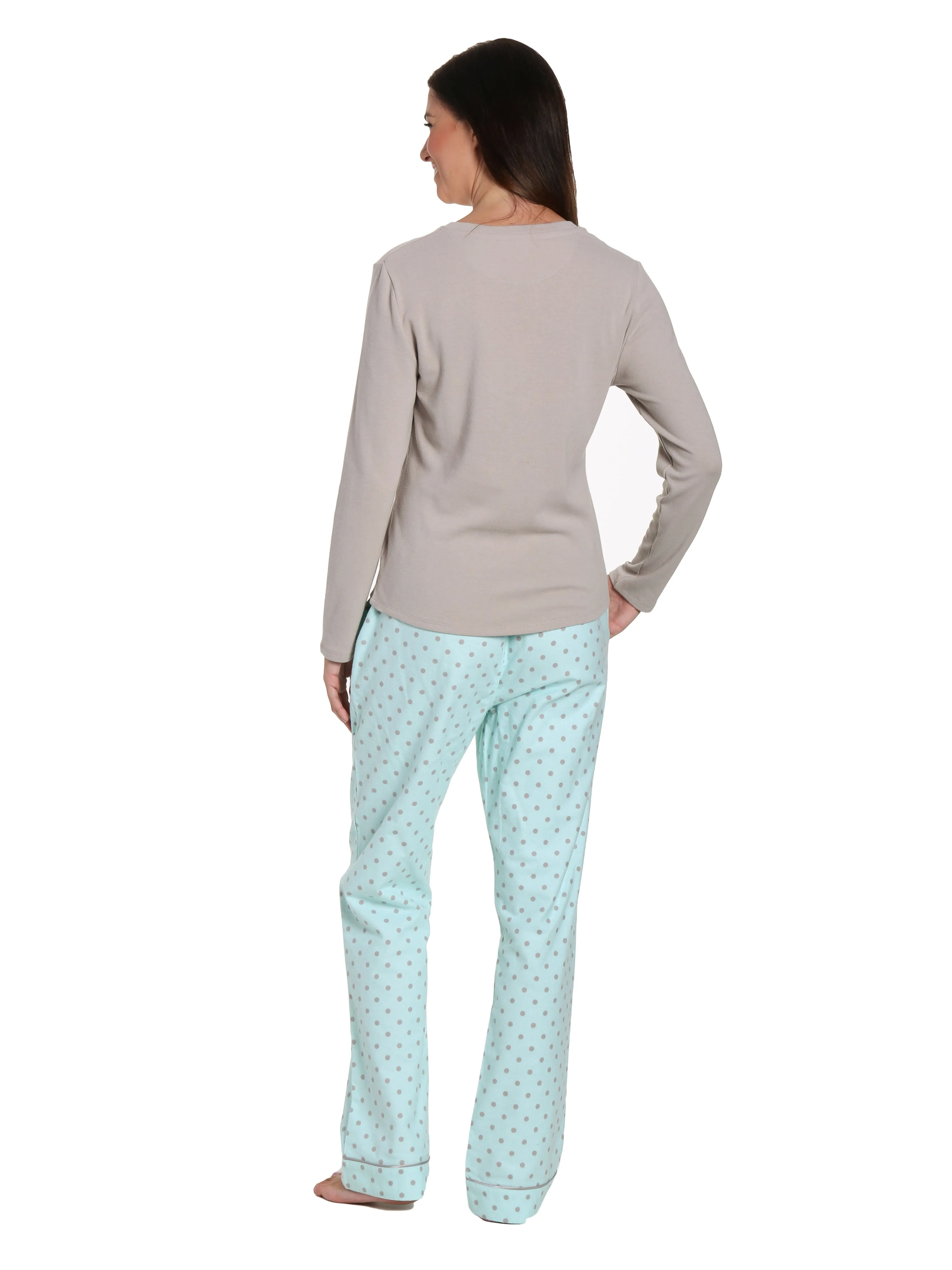 Womens Premium Cotton Flannel Loungewear Set - Dots Diva Aqua-Gray