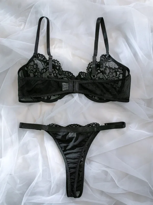 Women's Sexy Black Lace Bra With Matching Low Rise Thongs