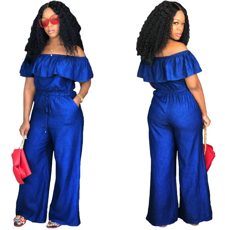 Women's Slash Neck Off Shoulder Ruffles Denim Wide Leg Jumpsuit