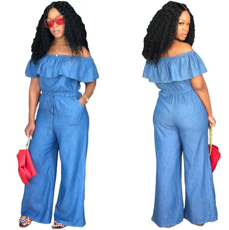 Women's Slash Neck Off Shoulder Ruffles Denim Wide Leg Jumpsuit