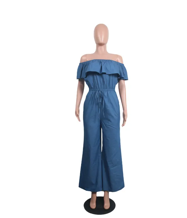 Women's Slash Neck Off Shoulder Ruffles Denim Wide Leg Jumpsuit