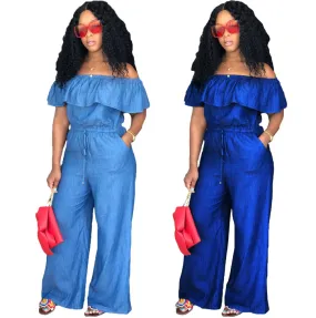 Women's Slash Neck Off Shoulder Ruffles Denim Wide Leg Jumpsuit