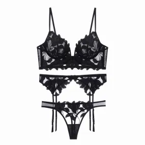 Women's Three Piece Floral Lace Lingerie Set